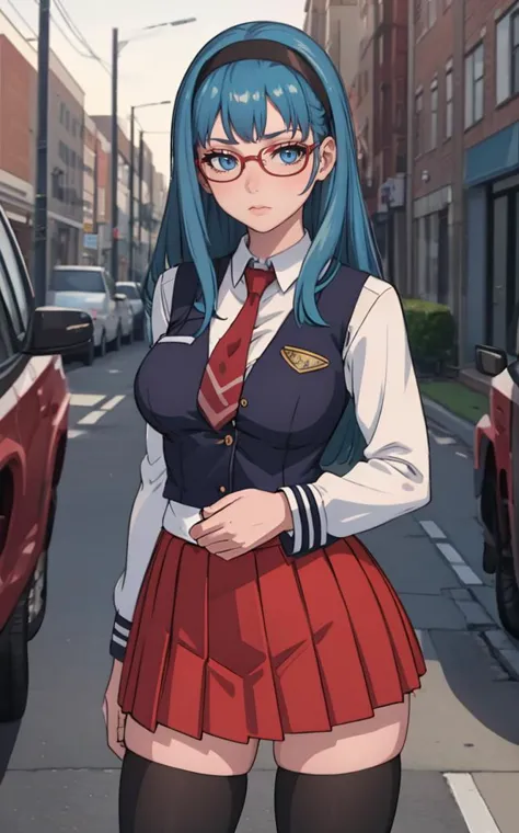 anime girl in school uniform standing on the street with cars