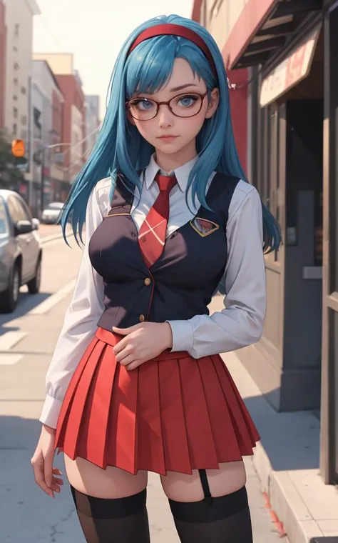 SchoolUniform_JunkoMochida_ownwaifu, ,
1girl, blue hair, long hair, glasses, hairband, large breasts, blue eyes, 
school uniform, red necktie, vest, red skirt, pleated skirt, zettai ryouiki, thighhighs, legs, 
<lora:FAP_BibleBlack_JunkoMochida_ownwaifu:0.7> ,
((masterpiece)),((best quality)),(highres), bokeh, depth_of_field, spotlight, scenery, looking at viewer, solo, contrapposto, cowboy shot,