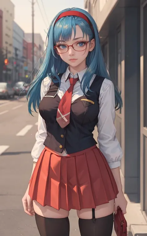 arafed image of a woman with blue hair and glasses