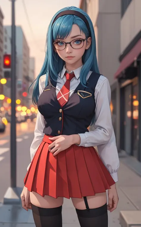 anime girl with blue hair and glasses posing on the street