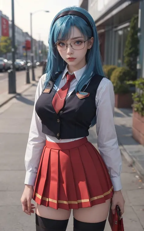 arafed woman in a school uniform and glasses standing on a sidewalk