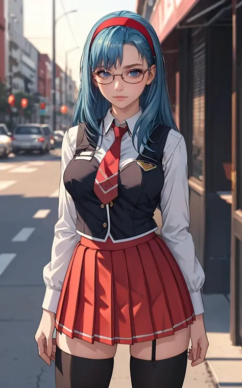 SchoolUniform_JunkoMochida_ownwaifu, day,
1girl, blue hair, long hair, glasses, hairband, large breasts, blue eyes, 
school uniform, red necktie, vest, red skirt, pleated skirt, zettai ryouiki, thighhighs, legs, 
<lora:FAP_BibleBlack_JunkoMochida_ownwaifu:0.7> ,
((masterpiece)),((best quality)),(highres), bokeh, depth_of_field, spotlight, scenery, looking at viewer, solo, contrapposto, cowboy shot,