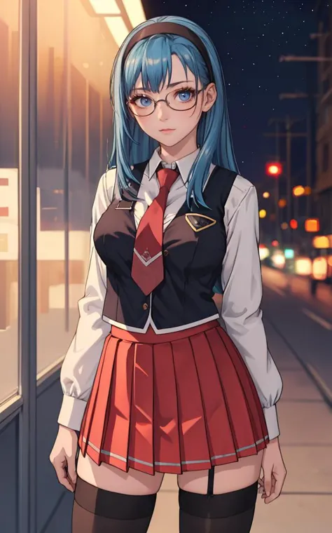 anime girl with blue hair and glasses standing on a sidewalk