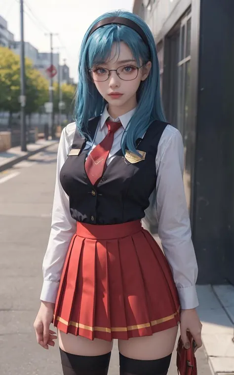 arafed woman in a school uniform and glasses standing on a street