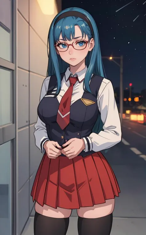 anime girl in uniform standing on street at night with city lights