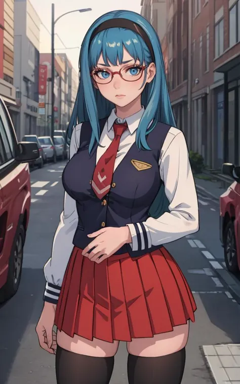 anime girl in school uniform standing on the street in front of a car