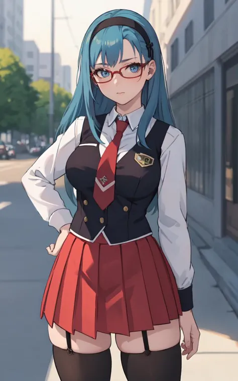 SchoolUniform_JunkoMochida_ownwaifu, ,
1girl, blue hair, long hair, glasses, hairband, large breasts, blue eyes, 
school uniform, red necktie, vest, red skirt, pleated skirt, zettai ryouiki, thighhighs, legs, 
<lora:FAP_BibleBlack_JunkoMochida_ownwaifu:0.7> ,
((masterpiece)),((best quality)),(highres), bokeh, depth_of_field, spotlight, scenery, looking at viewer, solo, contrapposto, cowboy shot,