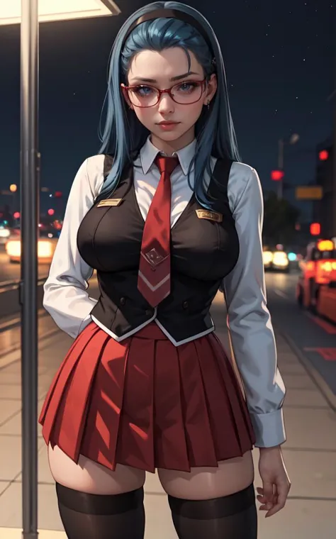 anime girl with blue hair and glasses standing on a sidewalk