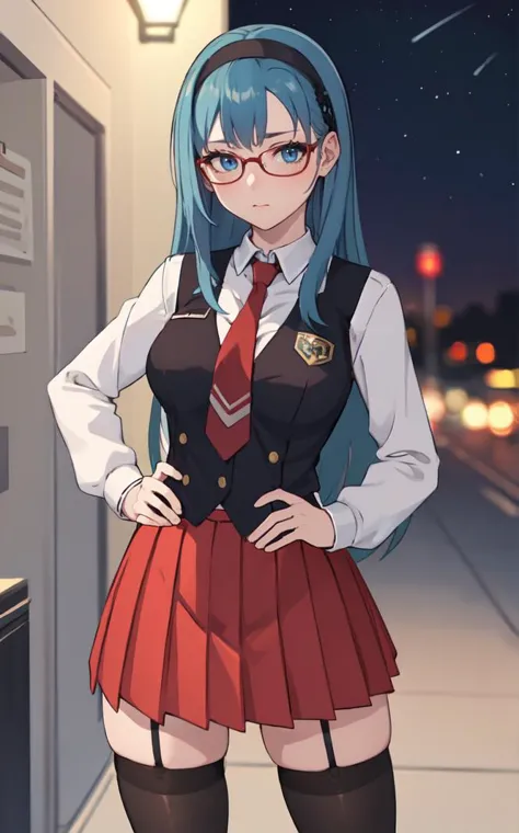 SchoolUniform_JunkoMochida_ownwaifu, night,
1girl, blue hair, long hair, glasses, hairband, large breasts, blue eyes, 
school uniform, red necktie, vest, red skirt, pleated skirt, zettai ryouiki, thighhighs, legs, 
<lora:FAP_BibleBlack_JunkoMochida_ownwaifu:0.7> ,
((masterpiece)),((best quality)),(highres), bokeh, depth_of_field, spotlight, scenery, looking at viewer, solo, contrapposto, cowboy shot,