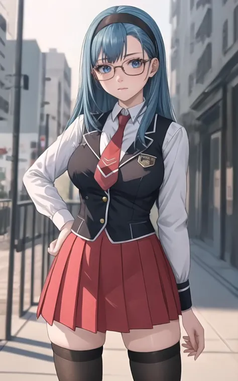 SchoolUniform_JunkoMochida_ownwaifu, ,
1girl, blue hair, long hair, glasses, hairband, large breasts, blue eyes, 
school uniform, red necktie, vest, red skirt, pleated skirt, zettai ryouiki, thighhighs, legs, 
<lora:FAP_BibleBlack_JunkoMochida_ownwaifu:0.7> ,
((masterpiece)),((best quality)),(highres), bokeh, depth_of_field, spotlight, scenery, looking at viewer, solo, contrapposto, cowboy shot,