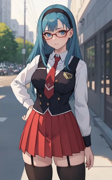 anime girl in school uniform standing on the side of the street