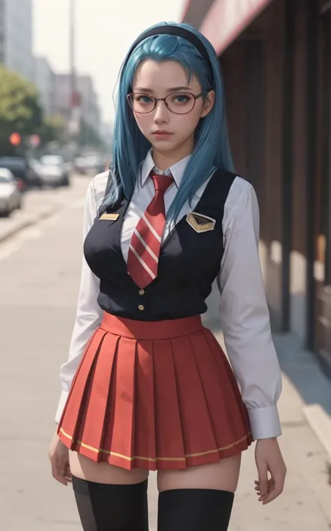 arafed woman with blue hair and glasses wearing a school uniform