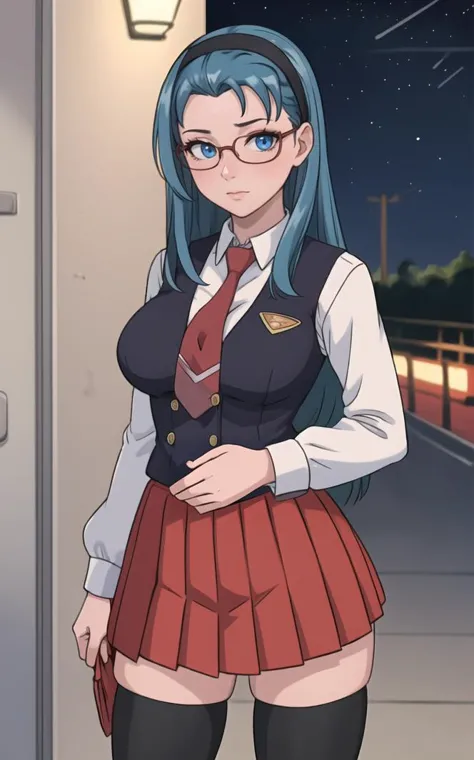 SchoolUniform_JunkoMochida_ownwaifu, night,
1girl, blue hair, long hair, glasses, hairband, large breasts, blue eyes, 
school uniform, red necktie, vest, red skirt, pleated skirt, zettai ryouiki, thighhighs, legs, 
<lora:FAP_BibleBlack_JunkoMochida_ownwaifu:0.7> ,
((masterpiece)),((best quality)),(highres), bokeh, depth_of_field, spotlight, scenery, looking at viewer, solo, contrapposto, cowboy shot,