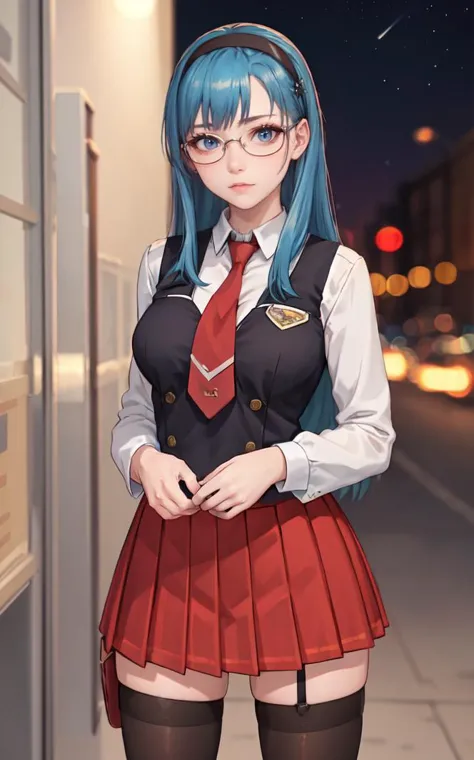 SchoolUniform_JunkoMochida_ownwaifu, night,
1girl, blue hair, long hair, glasses, hairband, large breasts, blue eyes, 
school uniform, red necktie, vest, red skirt, pleated skirt, zettai ryouiki, thighhighs, legs, 
<lora:FAP_BibleBlack_JunkoMochida_ownwaifu:0.7> ,
((masterpiece)),((best quality)),(highres), bokeh, depth_of_field, spotlight, scenery, looking at viewer, solo, contrapposto, cowboy shot,