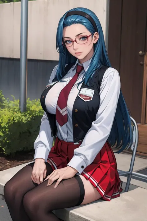 sitting, 
masterpiece, best quality, high quality, highres, outdoors, day, upper body, looking at viewer, solo, focused, BREAK, 
FAP_BibleBlack_JunkoMochida_ownwaifu, bible_black,
1girl, long hair, blue hair, hairband, breasts, large breasts, blue eyes, rimless eyewear, very long hair, 
skirt, thighhighs, long sleeves, school uniform,  necktie, glasses, zettai ryouiki, red necktie, suspenders, red skirt, pleated skirt,  black_vest, vest, 
