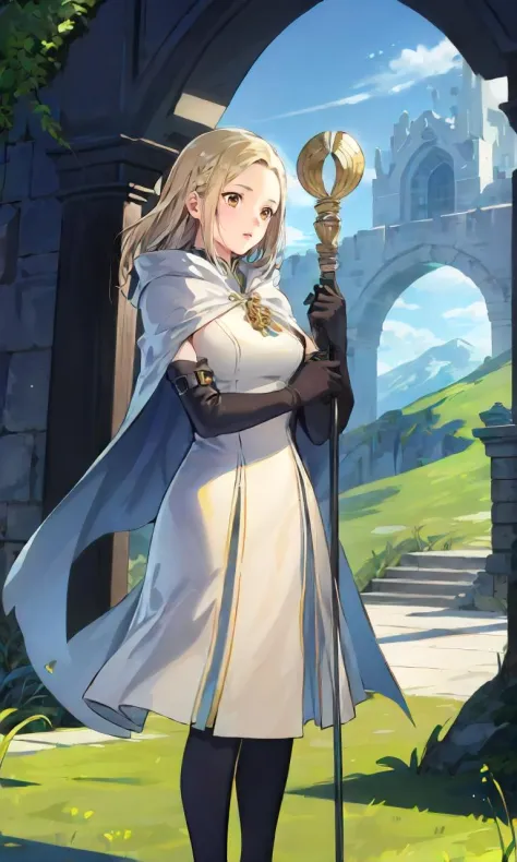 1girl, solo, full body, standing, ophilia, white dress, white cape, long dress, elbow gloves, staff, holding staff, grass, greenery, mountain, arch