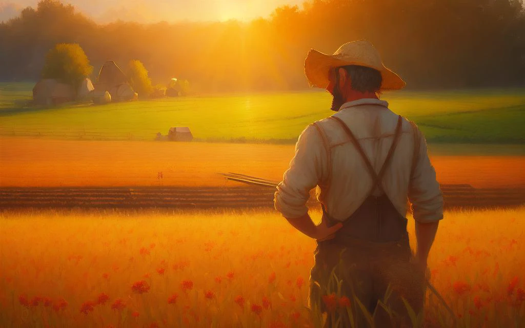 一個粗魯的動漫農民在他的田地工作的油畫, 盛大, 溫暖的陽光 鮮豔的色彩