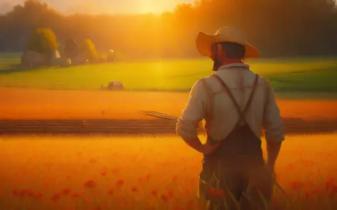 oil painting of a gruff anime farmer working in his field, grand, warm sunlight vivid colors