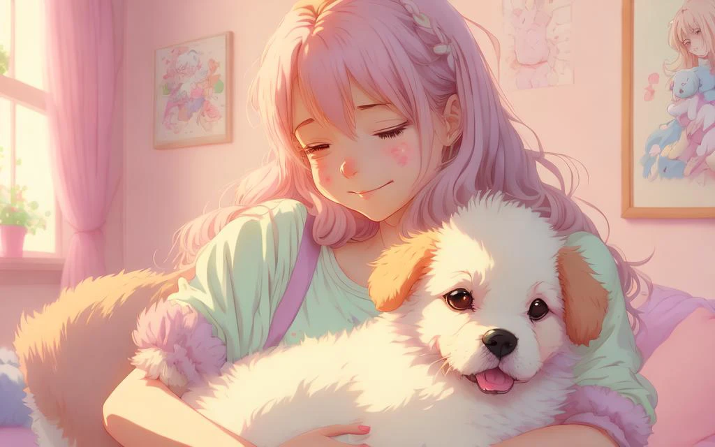 desenho animado estilo anime retrato de uma jovem radiante em uma sala de estar abraçando seu cachorrinho fofo, esquentar, Cores pastel