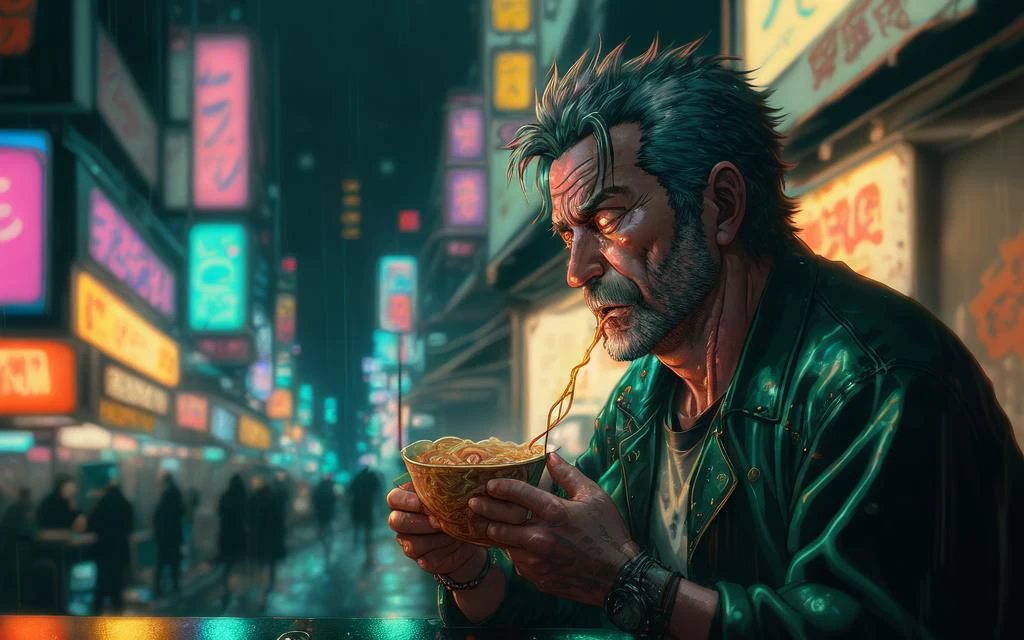 Foto em close no estilo anime realista dos anos 2000 de um detetive rude de meia-idade comendo ramen em um vendedor ambulante na chuva, escuro, depois de horas, cidade cyberpunk chovendo ao fundo, cores vivas, Placas de neon