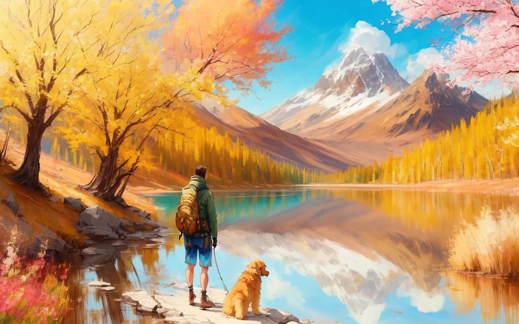 (drybrush speed pintaring)+, caminhante solitário estilo anime realista com seu golden retriever olhando para um grande lago, pintar (golpes)+, esquentar, Amoroso, virada para fora, cores da primavera