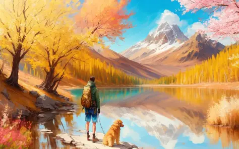 (drybrush speed painting)+, realistic anime style lone hiker with his golden retriever looking out at a grand lake, paint (strokes)+, warm, loving, facing away, spring colors