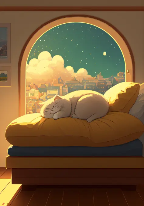 (杰作, 最佳插画, 没有人类), 1 只胖胖可爱的猫在睡觉, 舒适, 非常详细, 4K, 8千, 像素,像素 art,