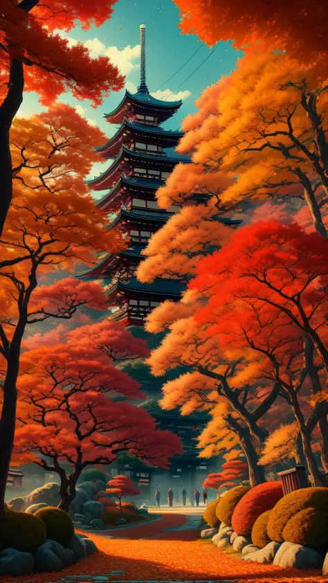 (masterpiece, best illustration, no humans), anime background, kyoto in autumn, semi realistic, dreamscape, award winning master...