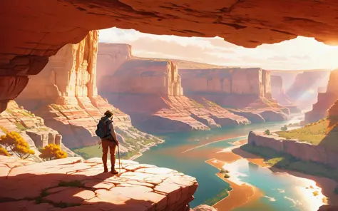 anime, lone hiker standing on a cliff edge looking down at a grand valley, epic composition, detailed background, sunlight, river