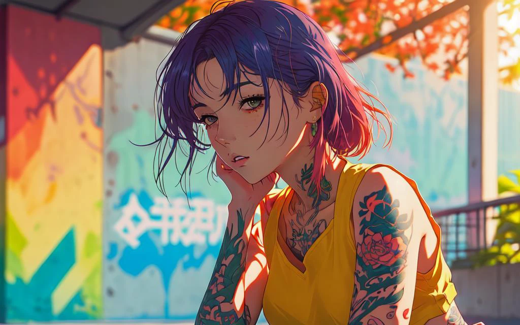 Primer plano de una chica anime bastante moderna relajándose contra una pared de concreto en un parque, colores vívidos, top corto, cálida luz del sol, tatuajes, profundidad de campo, paisajes naturales