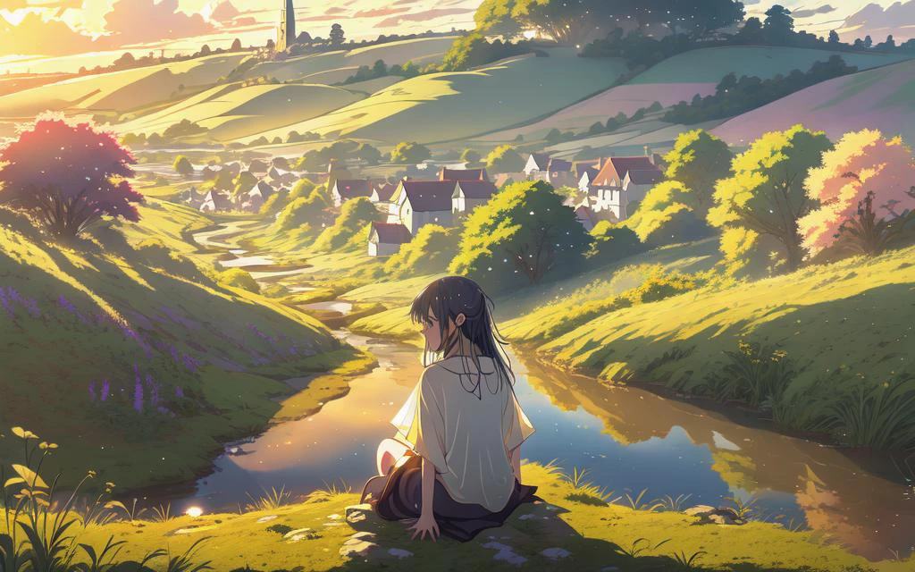 (fechar-se)++ garota de anime solitária sentada em uma colina, virada para fora, alta resolução, fluxo, campos orvalhados e brilhantes, cidade ao longe, aconchegante, fundo detalhado