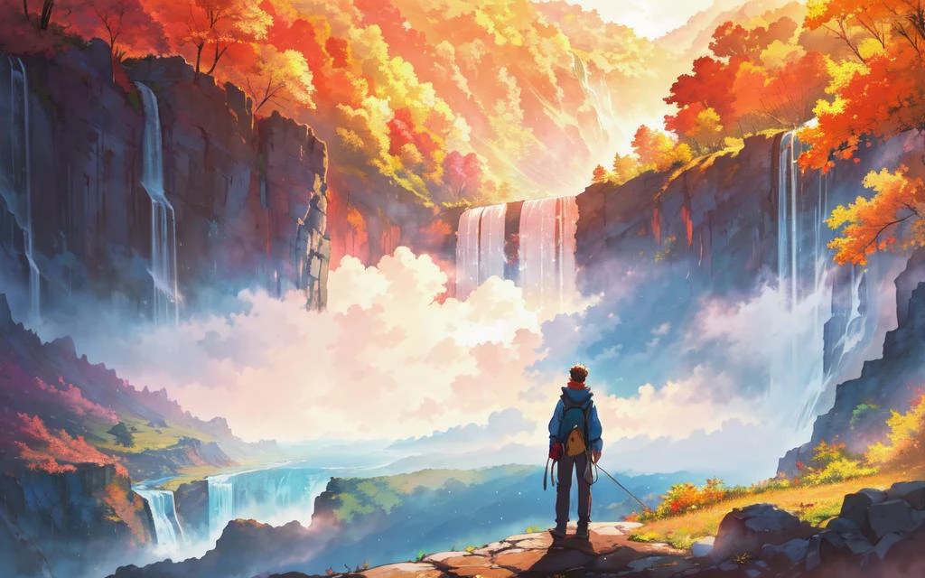 Primer plano de un excursionista anime solitario parado y mirando una gran cascada., Amplia composición, antecedentes detallados, cálida luz del sol filtrándose a través de la niebla, colores vívidos