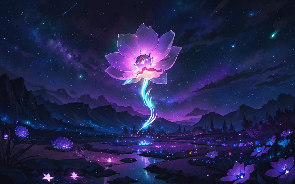 Primer plano de una flor bioluminiscente brillante mágica en un gran paisaje, iluminación atmosférica, luciérnagas, fuera de horas, vistoso, arroyo, cielo nocturno