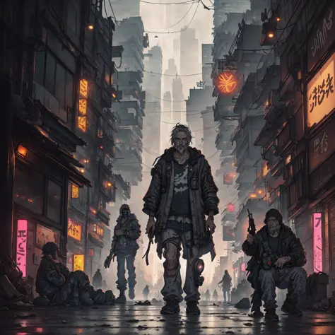 Ink wash painting, 1homeless  guy in the busy  street, a busy cyberpunk overpopulated city in the background, people holding  guns, cyberpunk,  cinematic, highly detailed, octane render, volumetric lighting, soft light, full body shot, anime