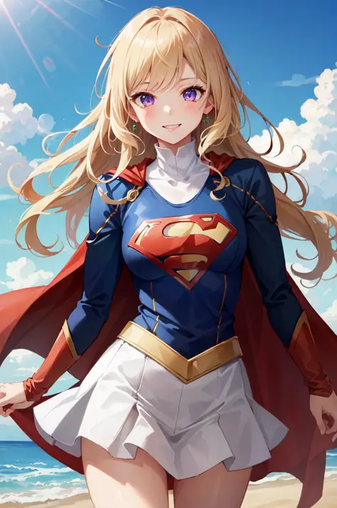 TakaRi, solo, 1girl, blonde hair, long hair, purple eyes, smile, standing, dynamic pose, <lora:TakaRi:0.7>, 8k, masterpiece, best quality, absurdres, perfect antomy, cinematic lighting, cowboy shot, (supergirl costume:1.1)