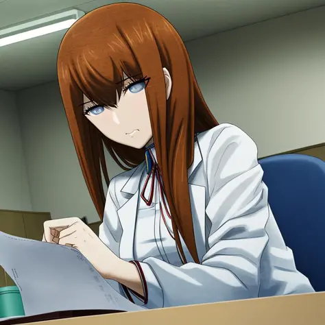 masterpiece, best quality, (styhuke:1.1), (sgnovelcg:1.1), (sgzeronovelcg:1.1), kurisu, sitting at desk, lab