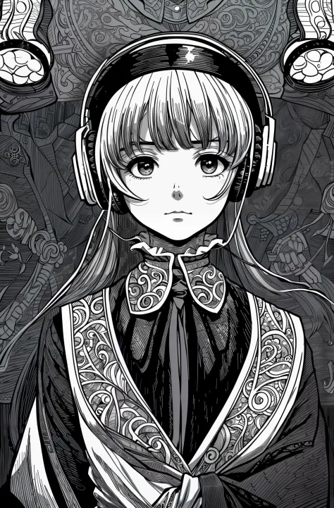 Jane Eyre with headphones, (((anime))), line art, intricate, elegant, highly detailed, sharp focus, ((((cinematic look)))), soot...