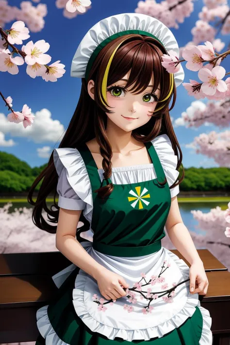 ((anime)) 1girl, brown hair, multicolored hair, green eyes, maid, maid headdress, maid apron, cherry blossoms, sunbeam, wallpape...