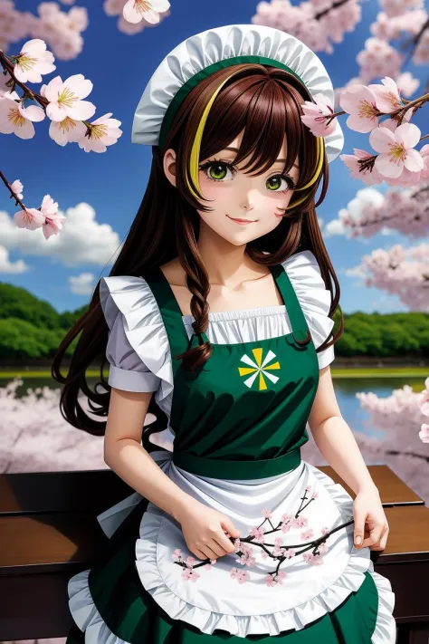 ((anime)) 1girl, brown hair, multicolored hair, green eyes, maid, maid headdress, maid apron, cherry blossoms, sunbeam, wallpaper,