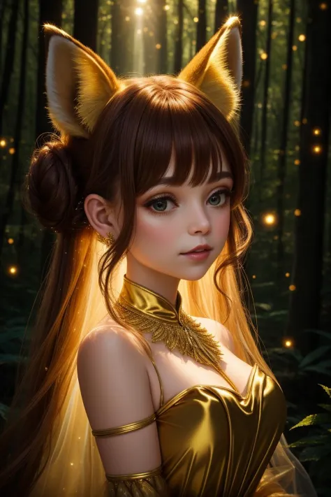 Portrait of a girl with fox ears wearing a golden gossamer twinkling gown, up close, 8k, high quality, golden sparkling lighting...