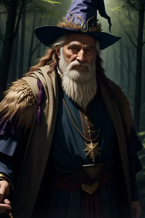 close up Portrait cg render of a wizard walking through a forest, elegant, sharp focus, diffused lighting, vibrant colors, masterpiece, detailed face, <lora:add_saturation:-1>