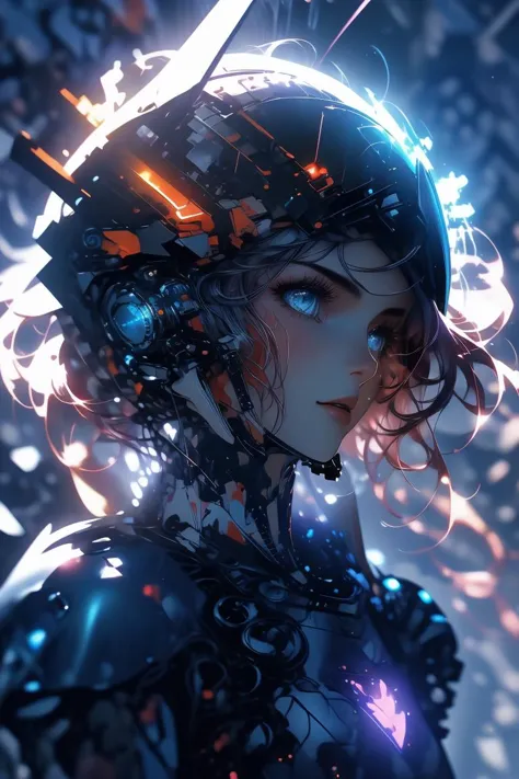 a woman with a helmet and a glowing headpiece in the snow