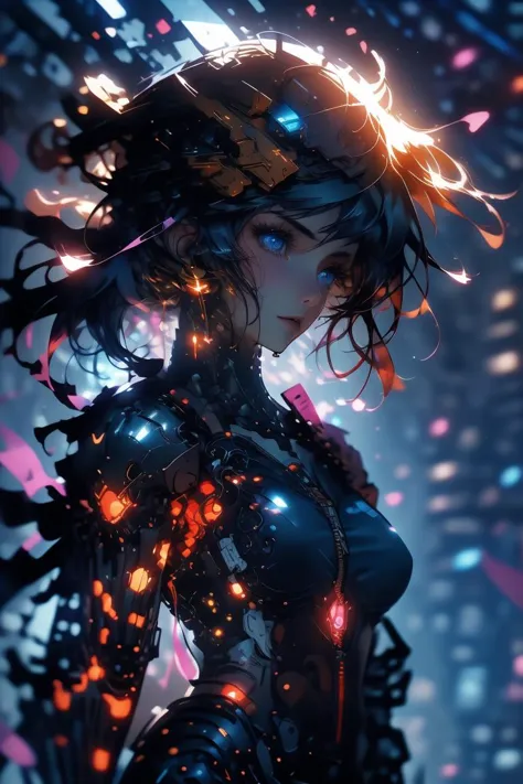 a woman in a futuristic outfit with glowing lights on her head