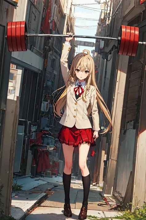 ((masterpiece)), (best quality), official art, extremely detailed CG, unity 8k wallpaper, ultra detailed, 
1girl, chiaki, long hair, blonde hair, ahoge, brown eyes, brown hair, flat chest, school uniform, beige blazer, neck ribbon, red skirt, black thighhighs, <lora:chiaki_ver1.0_4:0.6>, 
lifting barbell, outdoors, expressionless,