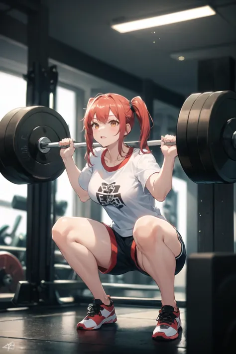 1girl, casual clothes, t-shirt, gym shorts, twintails, long hair, short sleeves, weightlifting, gym, interior, squatting