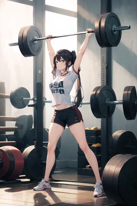 1girl, casual clothes, t-shirt, gym shorts, twintails, long hair, short sleeves, weightlifting, interior, standing, arms up