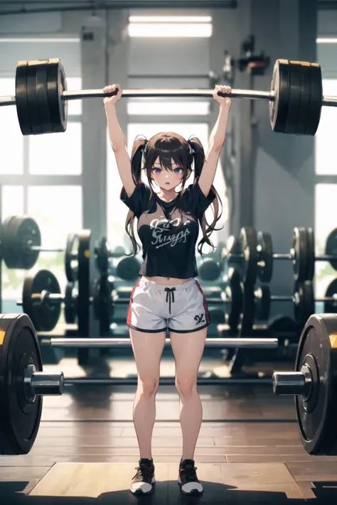 1girl, casual clothes, t-shirt, gym shorts, twintails, long hair, short sleeves, weightlifting, gym, interior, standing