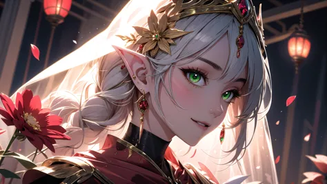 <lora:edgBloodElfAttire:0.7>, edgBE, red and gold, wearing edgBE, elf, a beautiful young woman wearing golden and red dress, jewelry, necklace, earrings, light smile, (very long hair:1.3), 
Strong female, green eyes, short silver hair, white robe, fov, f/1.8, masterpiece, (veil, mouth veil), blood moon, night, flower petals flying, front portrait shot, side light, moonlight shining on people, 8K,