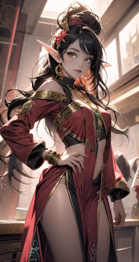 <lora:edgBloodElfAttire:0.8>, edgBE, red and gold, wearing edgBE, elf, a beautiful young woman wearing golden and red dress, jew...