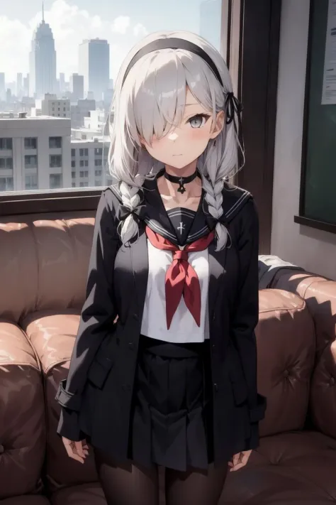 city background, arms behind back, 1girl, solo, halo, pantyhose, long hair, skirt, braid, hair over one eye, hairband, neckerchief, choker, white hair, standing, sailor collar, school uniform, black choker, long sleeves, looking at viewer, black hairband,  shirt, black pantyhose, pleated skirt, black skirt, open clothes, bangs, black serafuku, closed mouth, black shirt, collarbone, black sailor collar, white neckerchief, couch, single braid, coat, grey eyes, hair ribbon, black coat, ribbon, open coat, white shirt, side braid